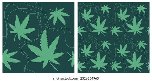 Cannabis hinterlässt nahtlose Muster in waldgrüner Farbe und gewellten kalligrafischen Linien. Für medizinische Zwecke