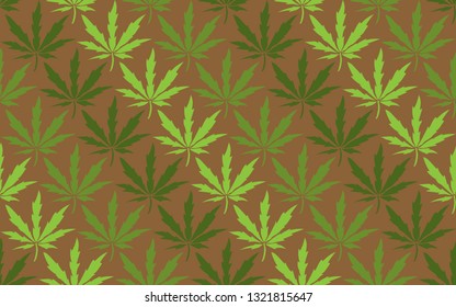 Cannabis leaves seamless pattern on brown background. Vector