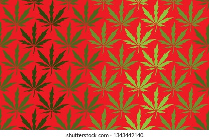 Cannabis leaves seamless pattern on red background. Vector
