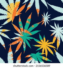 Cannabis leaves seamless pattern on dark background. 