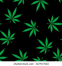 Cannabis leaves seamless pattern over black background. Medical marijuana, legalize culture concept.