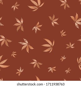 El cannabis deja un fondo de patrón vectorial transparente. Fondo del follaje de cáñamo marrón dibujado a mano. Diseño marihuana botánica elegante. Todo impreso para bienestar, concepto de salud, embalaje, impresión