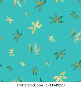El cannabis deja un fondo de patrón vectorial transparente. Oro dibujado a mano y fondo de follaje de cáñamo azul cielo. Diseño marihuana botánica elegante. Todo impreso para bienestar, concepto de salud, embalaje, impresión