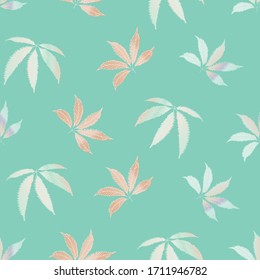 El cannabis deja un fondo de patrón vectorial transparente. Fondo follaje pintado a mano de ternera pastel y cáñamo rosa. Diseño marihuana botánica elegante. Todo impreso para el concepto de bienestar, salud, auto-cuidado