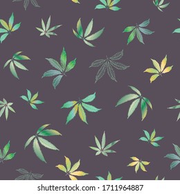 Cannabis leaves seamless vector pattern background. Hand drawn hemp foliage on dark brown backdrop. Multicolor botanical marijuana design. All over print for wellness, health concept,packaging, print