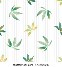 Cannabis leaves seamless vector pattern background. Hand drawn pastel hemp foliage on white lined backdrop. Stylish botanical marijuana design. All over print for wellness, health, self care concept