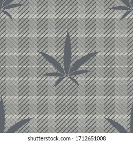 Cannabis hinterlässt einen nahtlosen Vektorillustration-Musterhintergrund. Einfarbiges graues Hanfblatt auf kardigem Hintergrund. Elegantes botanisches Marihuana-Design. Alles über Print für Wellness, Gesundheit, Selbstversorgung Konzept