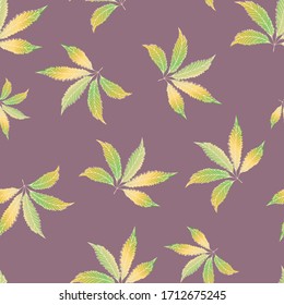 Cannabis hinterlässt einen nahtlosen Vektorillustration-Musterhintergrund. Handgezeichnetes Gold, grüner, violetter Hanffolienhintergrund. Stilvolles botanisches Marihuana-Design. Überall bedruckt für Wellness, Gesundheitskonzept, Verpackung.