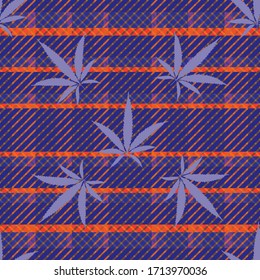 El cannabis deja un fondo de patrón vectorial transparente. Hojas de cáñamo de color neón vibrante en el fondo de la maceta tartán. Diseño marihuana botánica elegante. Todo impreso para el concepto de bienestar, salud, auto-cuidado