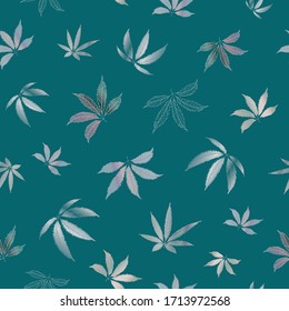 Cannabis hinterlässt einen nahtlosen Vektorillustration-Musterhintergrund. Handgezeichnete violette Hanffläche. Monochrome botanische Marihuana-Design. Alles über Print für Wellness, Gesundheitskonzept, Verpackung, Druck