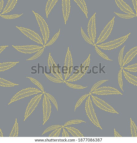 Cannabis leaves seamless vector pattern background. Hand drawn gold hemp outline foliage on grey backdrop. Stylish botanical marijuana design. All over print for wellness, health concept, packaging