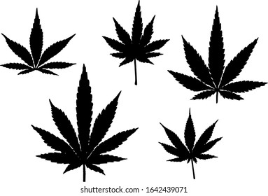 Cannabis leaves silhouettes, elements set isolated. Basis graphics on white background