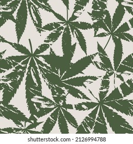 Cannabis Leaves in the Snow. Seamless hemp leaf pattern for fabrics, textiles, packaging and wallpaper. Vector illustration.