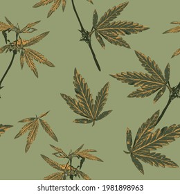 Cannabis leaves and stems seamless pattern. Packaging or fabric design for natural plant products. Vector graphics.