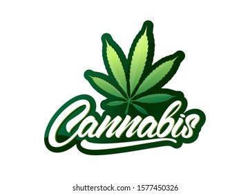 Cannabis in lettering style with leaf and gradient logo. Vector colourful emblem