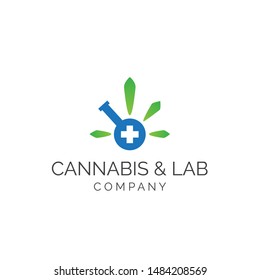 Cannabis logo design with hemp leaf and tube lab and crosshealth graphics