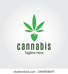 Cannabis Logo Design Template With Shovel. Creative Hemp Cannabis Weed Essential Oil Drop in Shovel Dig Farm Medicine Logo.