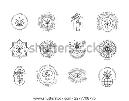 Cannabis logos or badges design set. Vector scalable labels. Editable stroke. Medical marihuana concept.