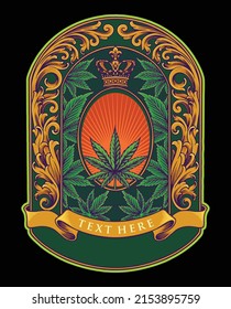 Cannabis Luxury crown frame vintage with weed leaf ornate vector illustrations for your work logo, merchandise t-shirt, stickers and label designs, poster, mylar bag advertising business brand