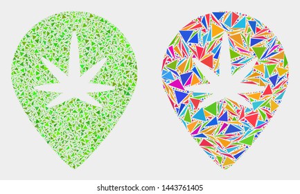 Cannabis map marker collage icon of triangle elements which have different sizes and shapes and colors. Geometric abstract vector illustration of cannabis map marker.