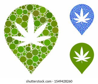 Cannabis map marker composition of filled circles in variable sizes and color tinges, based on cannabis map marker icon. Vector filled circles are organized into blue composition.