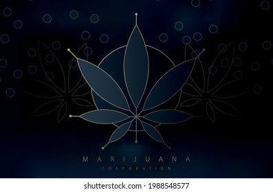 Cannabis marijuana background, hemp leaf symbol or logo design. Cannabis black and gold silhouette ecology logo. Hemp emblem for the logo design packaging of goods, food or printed products.