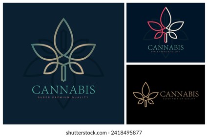 Cannabis marijuana cbd hemp leaf line style luxury logo design template