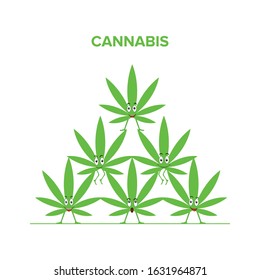 Cannabis, marijuana flat design concept. Cartoon funny character. Funny smiling happy marijuana. Green leaves icon. Vector illustration isolated on a white background.
