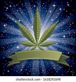 Cannabis marijuana hemp leaf flat icon on blue starburst with blank green banner