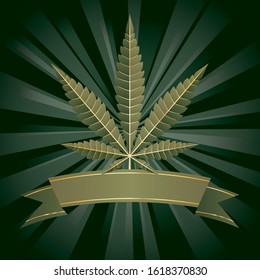 Canabis hilo plano de hoja de cáñamo de marihuana sobre explosión verde con pancarta verde en blanco