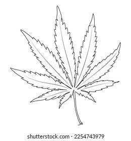 Cannabis marijuana or hemp Leaf one line art. Hand minimalist outline drawing on a white background. Botanical herb print.