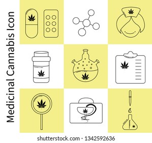 Cannabis, marijuana, hemp  vector Isolated line icons set. Medicinal cannabis flat modern icon.