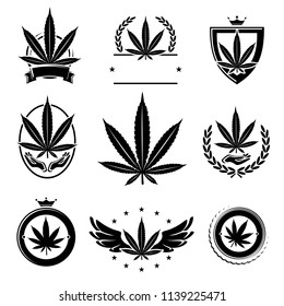 Cannabis, etiquetas de marihuana y set de Elementos. Icono de cannabis colección. Vector