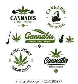 Cannabis marijuana labels emblems badges set. Hemp related prints, signs, typography, logotype templates. Logos. Vector vintage illustration.