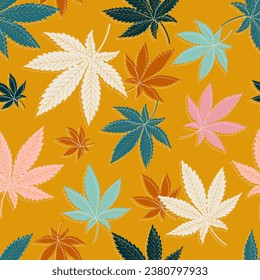 Hoja de marihuana de cannabis. Patrón sin foco con plantas narcóticas para telas modernas, papel envolvente. Vector.