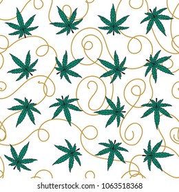 Cannabis marijuana leaf vector seamless pattern isoled on white background.