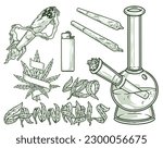 Cannabis marijuana monochrome set logotype with glass bong and cannabis leaf joint for drug store promo products vector illustration