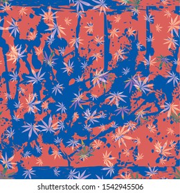 cannabis marijuana seamless bright pattern leaves color golden with yellow gradient randomly scattered against the background of spilled paint smudges and spots of blue on a pink background design for