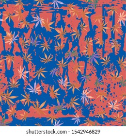 cannabis marijuana seamless bright pattern leaves color golden with yellow gradient randomly scattered on the background of spilled paint smudges and splashes of blue on a pink background transparent 
