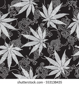 Cannabis or Marijuana seamless pattern.
Hand drawn vector pattern with Cannabis leaf and clouds of smoke.
