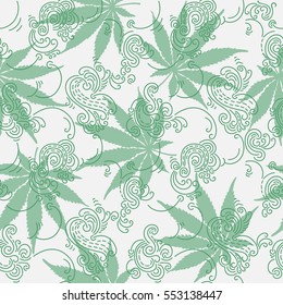 Cannabis or Marijuana seamless pattern.
Hand drawn vector pattern with Cannabis leaf and clouds of smoke.
