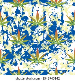 cannabis marijuana seamless pattern leaves color pink with yellow gradient randomly scattered on the background of spilled paint smudges and spots of blue on a white background design for print and fo