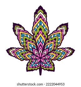 Cannabis Marijuana. Vektorgrafik. Unkrautsymbol aus dem Leaf. Für die Dekoration, eine schöne Kunst. Mandala, Boho, Hippie-Stil