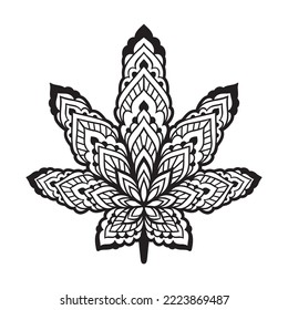 Cannabis Marijuana. Vector illustration. Leaf weed icon sign. For decoration, a beautiful art. Mandala, Boho, Hippie style