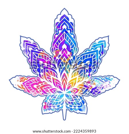 Cannabis Marijuana. Vector illustration. Leaf weed icon sign. For decoration, a beautiful art. Mandala, Boho, Hippie style watercolor