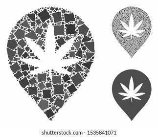 Cannabis marker mosaic of tremulant elements in variable sizes and color tints, based on cannabis marker icon. Vector irregular items are composed into mosaic.