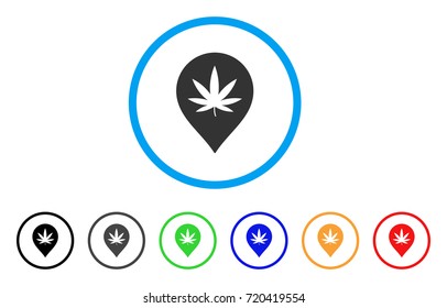 Cannabis Marker rounded icon. Style is a flat cannabis marker gray symbol inside light blue circle with black, gray, green, blue, red, orange color versions.