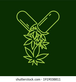 Cannabis for medical uses logo. Capsule pill with cannabis leaves inside.