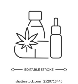 Cannabis medicine linear icon. Cannabinoids. CBD oil and pills. Alternative medicine. Tincture cbd. Supplements. Thin line illustration. Contour symbol. Vector outline drawing. Editable stroke