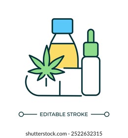 Cannabis medicine RGB color icon. Cannabinoids. CBD oil and pills. Alternative medicine. Tincture cbd. Supplements. Isolated vector illustration. Simple filled line drawing. Editable stroke